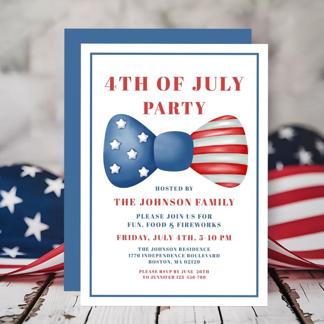 Invitación Bow Rojo, Blanco Y Azul 4 De Julio (Red, White And Blue Bow 4th Of July Invitation)