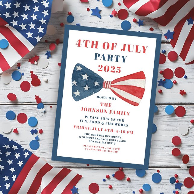 Invitación Bow Rojo, Blanco Y Azul 4 De Julio (Red, White And Blue Bow 4th Of July Invitation)