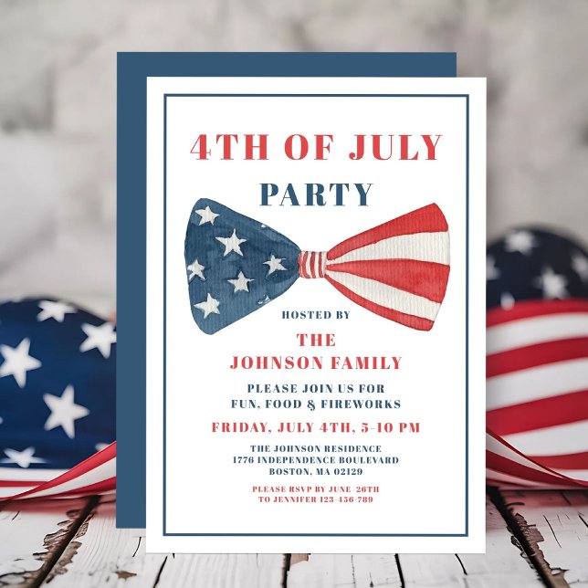 Invitación Bow Rojo, Blanco Y Azul 4 De Julio (Red, White And Blue Bow 4th Of July Invitation)