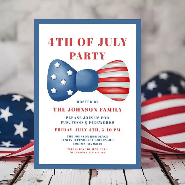 Invitación Bow Rojo, Blanco Y Azul 4 De Julio (Red, White And Blue Bow 4th Of July Invitation)