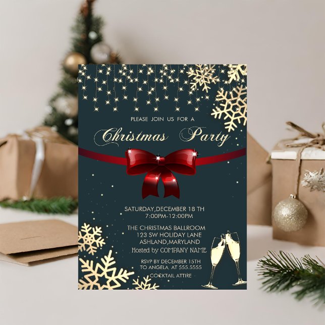 Invitación Bow rojo, copos de nieve, anteojos, Navidades de c (Subido por el creador)