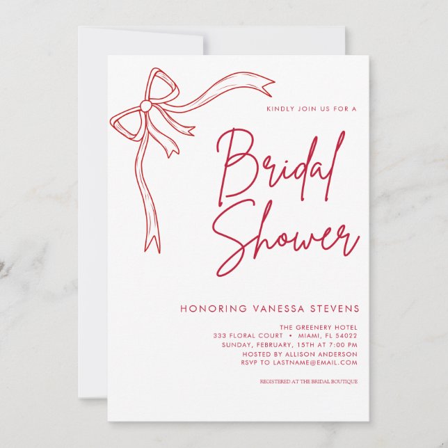 Invitación Bow Rojo Ducha Mínima y Moda Bridal (Anverso)