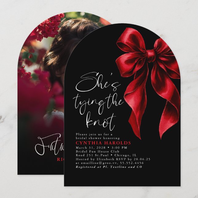 Invitación Bow rojo está atando la foto de la ducha de novia  (Anverso / Reverso)