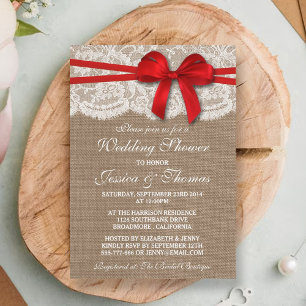 Invitación Bow Rojo Rústico Burlap & Lace Wedding Ducha