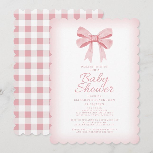Invitación Bow rosa Baby Shower Elegant Girly Gingham Check (Anverso / Reverso)