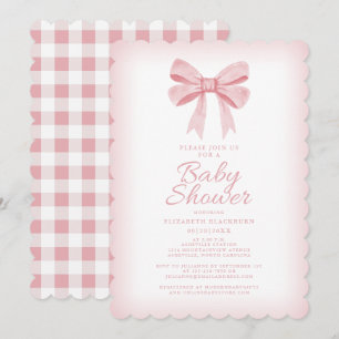 Invitación Bow rosa Baby Shower Elegant Girly Gingham Check