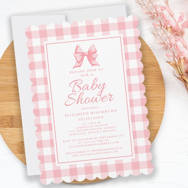 Invitación Bow Rosa Baby Shower Gingham Pastel Girly Elegante (Pink Bow Baby Shower Gingham Check Girly Elegant Invitation)