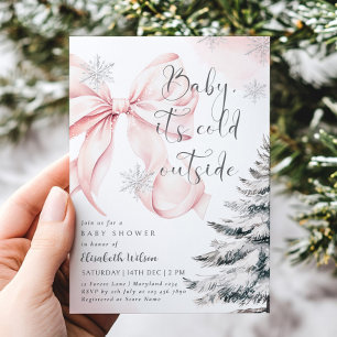 Invitación Bow rosa bebé está frío fuera de Baby Shower