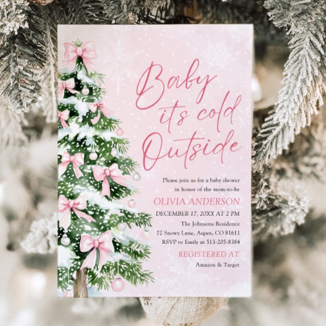 Invitación Bow rosa bebé está frío fuera de Baby Shower (Pink Bow Baby It's Cold Outside Baby Shower Invitation)