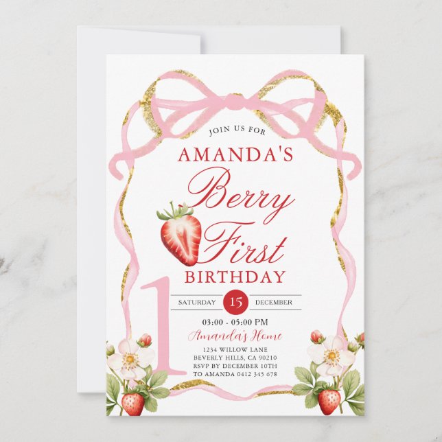 Invitación Bow rosa Berry primer fresa dulce cumpleaños (Anverso)