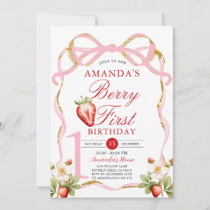 Invitación Bow rosa Berry primer fresa dulce cumpleaños