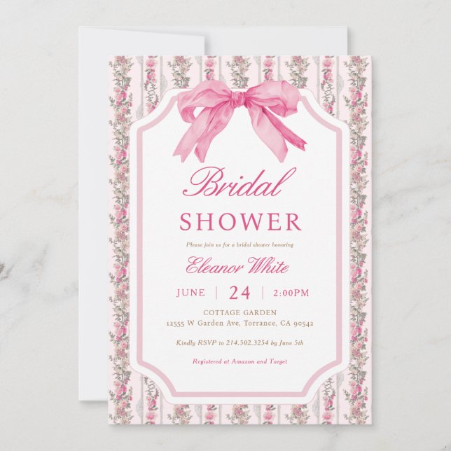 Invitación Bow rosa Coquette Bridal Shower (Anverso)