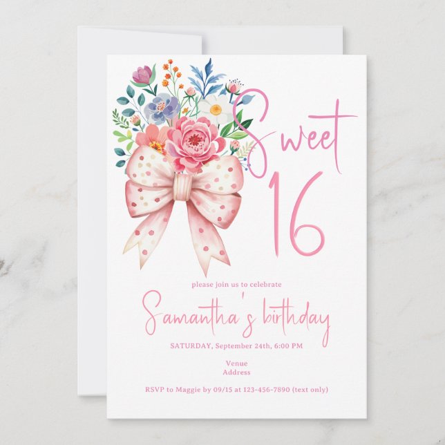 Invitación Bow Rosa Coquette Floral Moderna Dulce 16 Cumpleañ (Anverso)