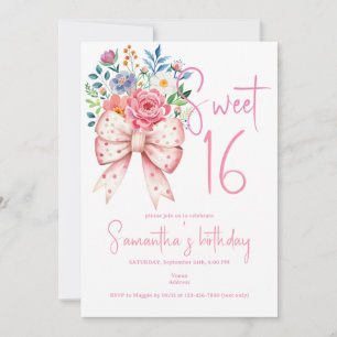 Invitación Bow Rosa Coquette Floral Moderna Dulce 16 Cumpleañ