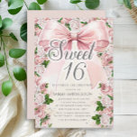 Invitación Bow Rosa Coquette Floral Vintage Sweet 16<br><div class="desc">Elegante arco de coqueta rosa vintage con color de agua rosada floral (rosas) y hojas de acuarela verde pintadas en una invitación dulzura rosa 16 cumpleaños con purpurina de plata brillante. Comuníquese conmigo para obtener ayuda con sus personalizaciones para solicitar productos adicionales de correspondencias o coordinación de Zazzle para su...</div>