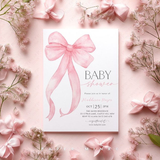 Invitación Bow Rosa Coquette Girl Shower (Pink Bow Baby Shower Invitation | Baby Girl Coquette Baby Shower Party)