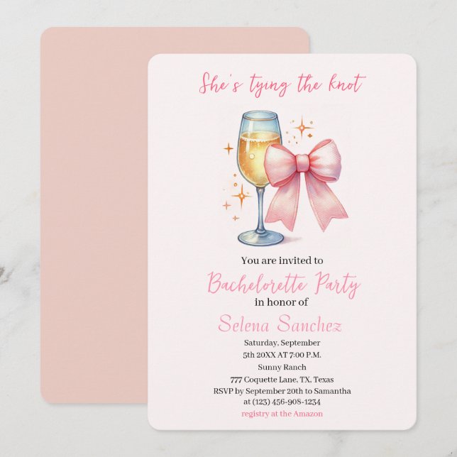 Invitación Bow rosa Coquette Watercolor Bachelorette (Anverso / Reverso)