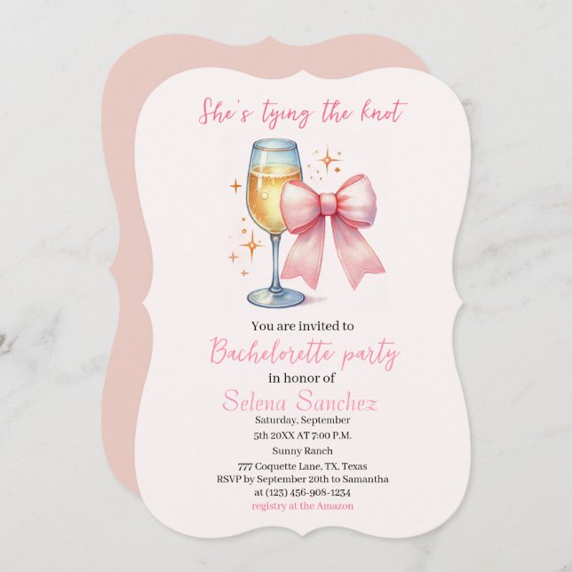 Invitación Bow rosa Coquette Watercolor Bachelorette (Anverso / Reverso)