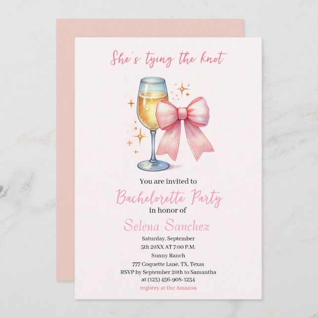 Invitación Bow rosa Coquette Watercolor Bachelorette (Anverso / Reverso)