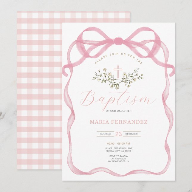 Invitación Bow Rosa Cross Wildflowers Baptismo (Anverso / Reverso)