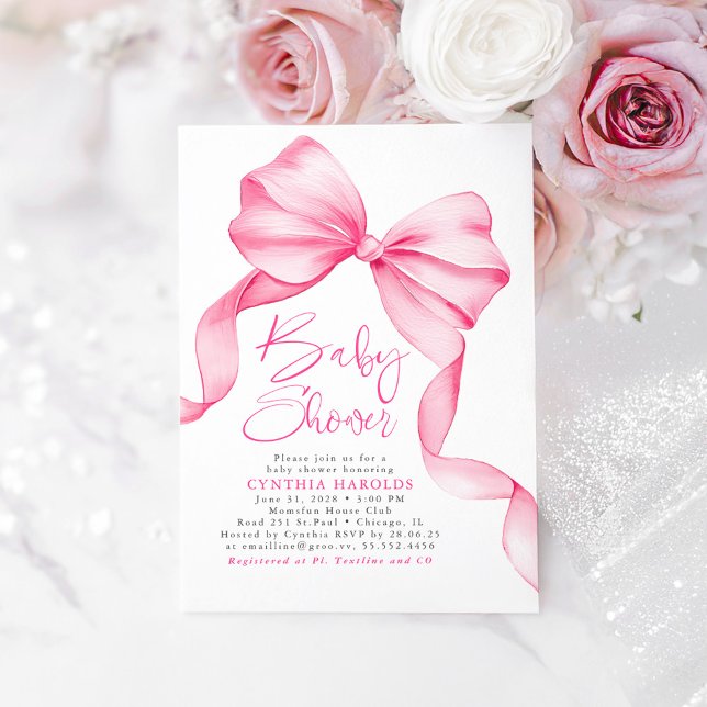 Invitación Bow Rosa Cute Sweet Baby Baby Shower (Pink Bow Baby Shower Invitation)