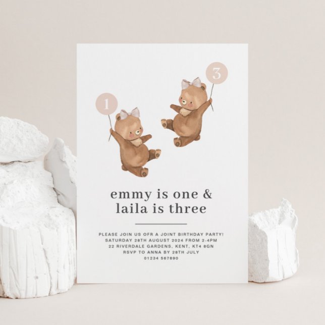 Invitación Bow rosa del oso - Cumpleaños Conjunto 1 y 3 (Bear Pink Bow - Joint 1st and 3rd Birthday Invitation)