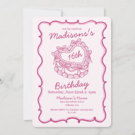 Invitación Bow Rosa Dulce 16 Pastel de Coqueta de Corazón Cum