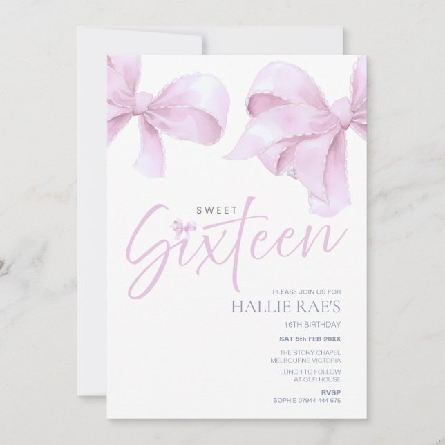 Invitación Bow Rosa Dulce Dieciséis Invitados, 16º Cumpleaños (Anverso)