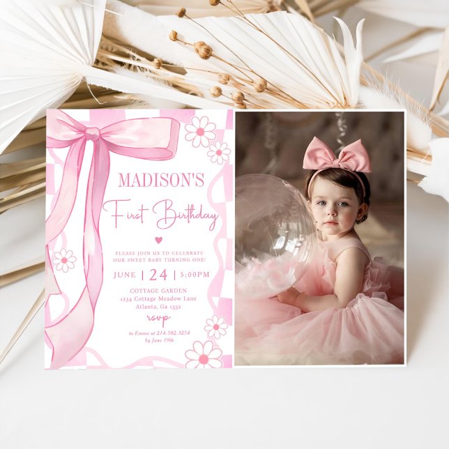 Invitación Bow Rosa Elegant 1er cumpleaños foto (Subido por el creador)