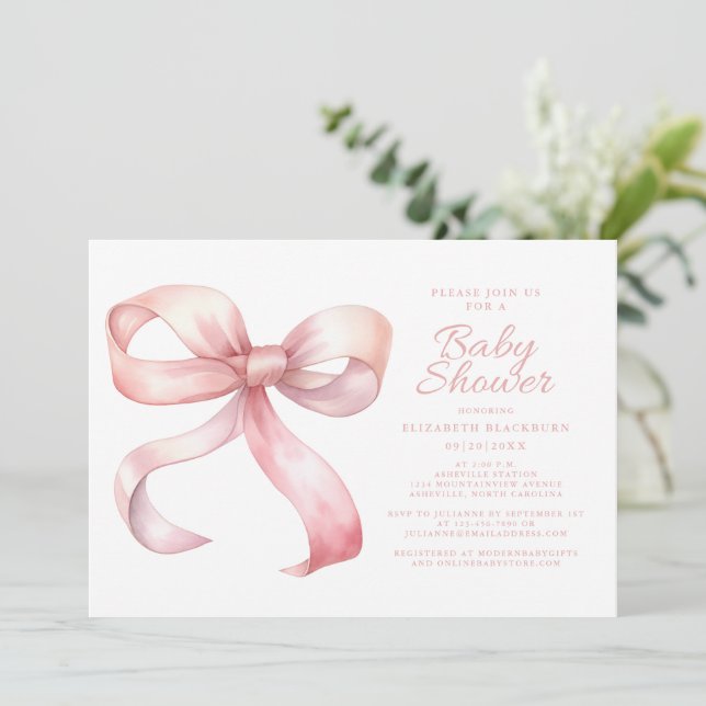 Invitación Bow Rosa Elegante Bebé Chica Ducha Coquette Rubor (Anverso de pie)
