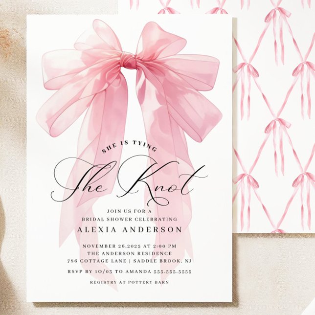 Invitación Bow rosa: está atando el nudo de la ducha de novia (Subido por el creador)
