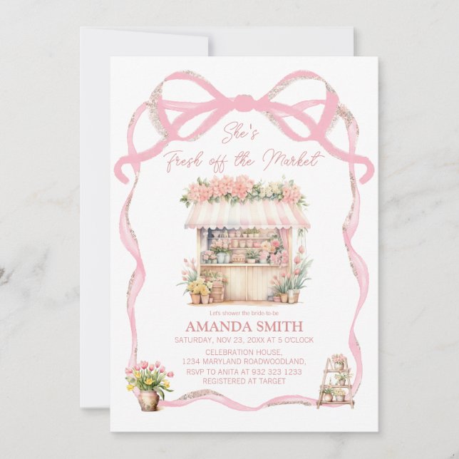 Invitación Bow rosa: está recién salida de la ducha de novia  (Anverso)