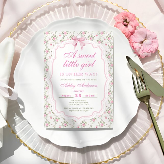 Invitación Bow Rosa Floral Sweet Little Girl Baby Shower (Subido por el creador)