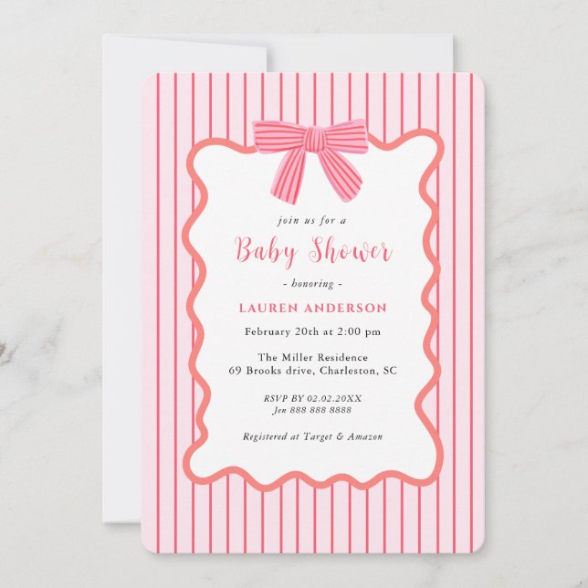 Invitación Bow rosa lindo, Baby Shower Chica (Anverso)