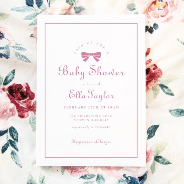 Invitación Bow rosa simple Chica elegante Baby Shower (Subido por el creador)