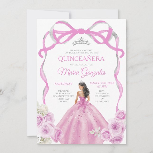 Invitación Bow rosa suave Princesa de plata corona Quinceañer (Anverso)