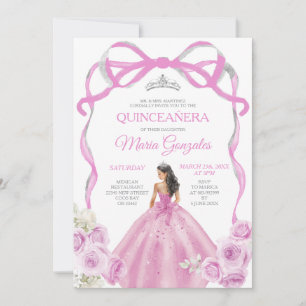 Invitación Bow rosa suave Princesa de plata corona Quinceañer