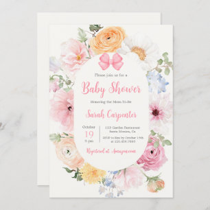 Invitación Bow rosa y Chica de Baby Shower floral
