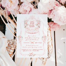 Invitación Bow rosa y ducha de bebé dulce floral Rubor