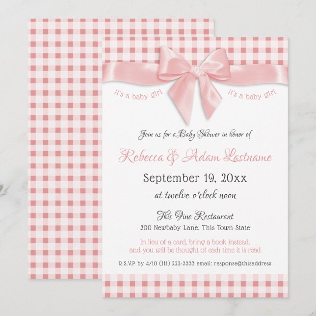 Invitación Bow rosa y Gingham Check Baby Shower (Anverso / Reverso)