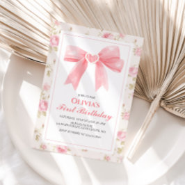 Invitación Bow rosa y Rosas Coquette primer cumpleaños