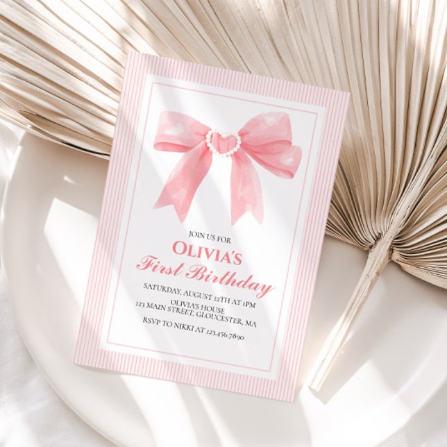 Invitación Bow rosa y Stripes Coquette primer cumpleaños (Subido por el creador)