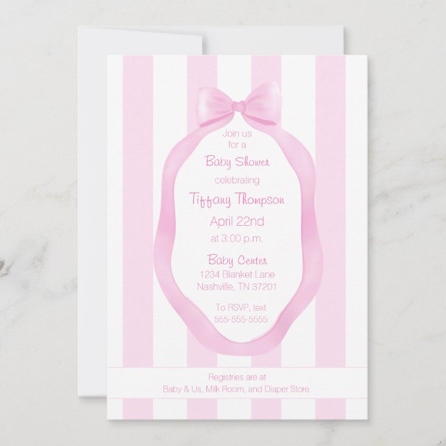 Invitación Bow rosa y tapicería de tapiz Chica Baby Shower (Anverso)