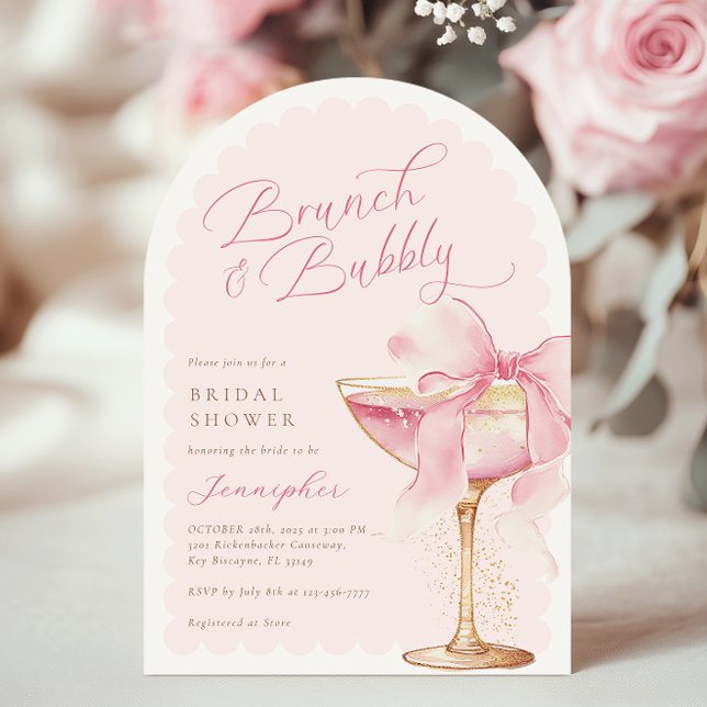 Invitación Bow Rosado Brunch Bubbly Arch Bridal Shower (Subido por el creador)