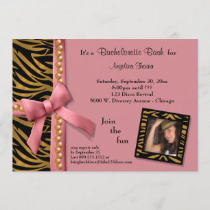 Invitación Bow Rosado Con Perlas De Oro Y Tiras De Zebra