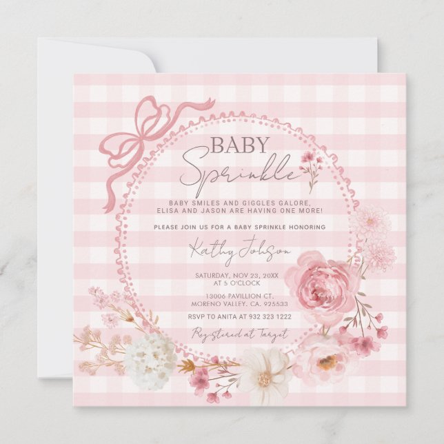 Invitación Bow Rosado Coquette Baby Sprinkke baby Shower (Anverso)
