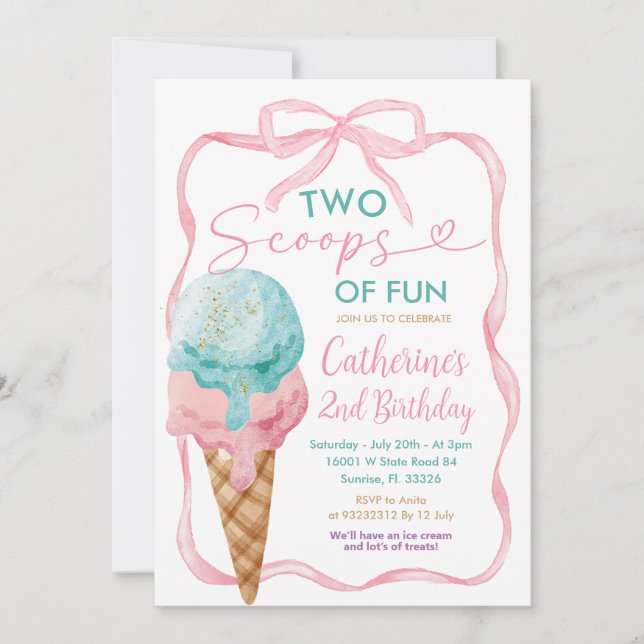 Invitación Bow Rosado Dos Escuelas De Crema De Hielo De Chica (Anverso)