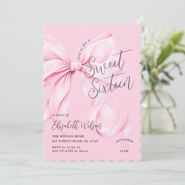 Invitación Bow Rosado Dulce Dieciséis Cumpleaños (Anverso de pie)