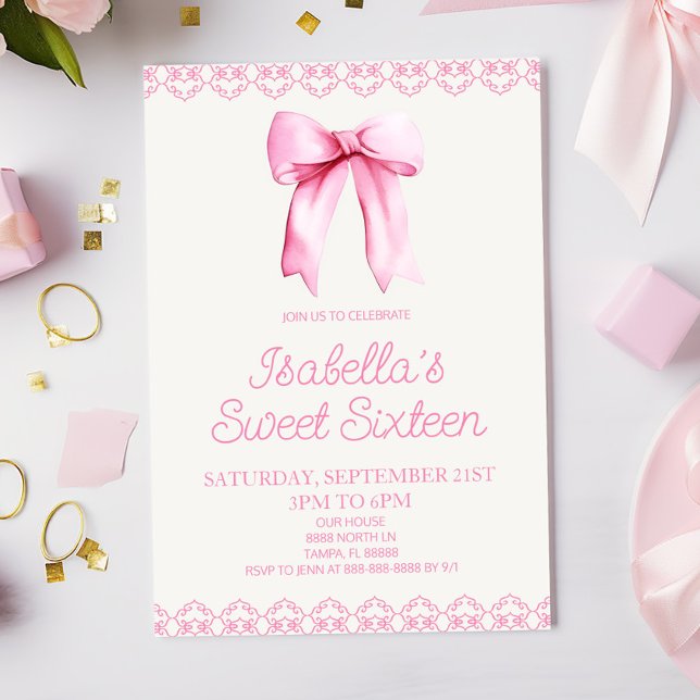 Invitación Bow Rosado Dulce Dieciséis Fiesta de Cumpleaños (Subido por el creador)