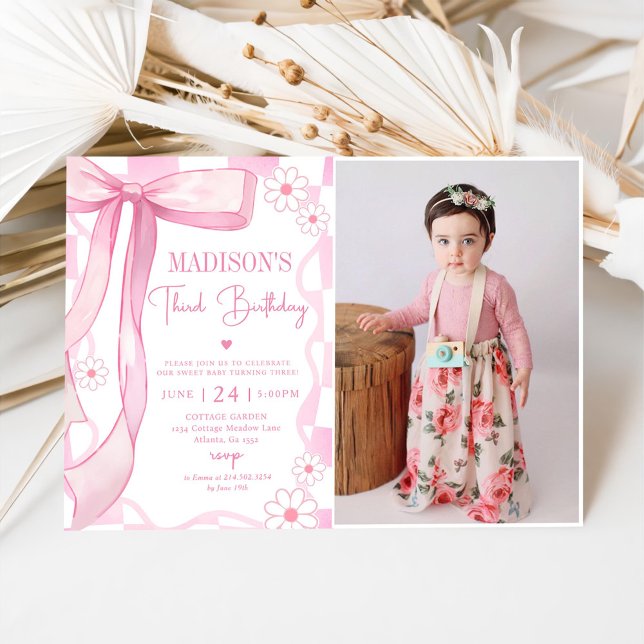 Invitación Bow Rosado Elegante Foto De Tercer Cumpleaños (Subido por el creador)